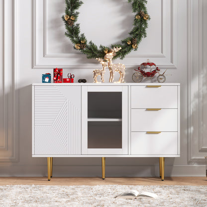Kast – Dressoir – Opbergkast – Ladekast – Kledingkast – Wit Hoogglans – 3 Lades en 2 Glazen Deuren – Metalen Pootjes – 120x38x79,5 cm