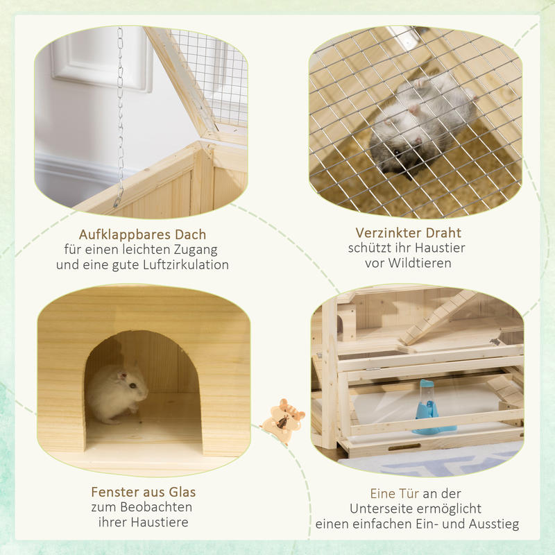 Small Animal Cage, Rodent Cage, Rodent Home with 1 Ramp, 1 Seesaw, Removable Bottom Tray, Made of Fir Wood, Natural, Hamster Cage, Rat Cage, Large Hamster Cage, Guinea Pig Cage, Chinchilla Cage, Bunny Cage, Ferret Cage, Gerbi