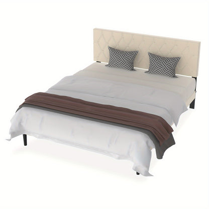 Bedframe – Bed – Tweepersoonsbed – Gestoffeerd bed – Ledikant – Beige Kunstleren Bekleding – 140x200 cm – Stevig MDF Metalen Frame – Max. Draagkracht 300 kg