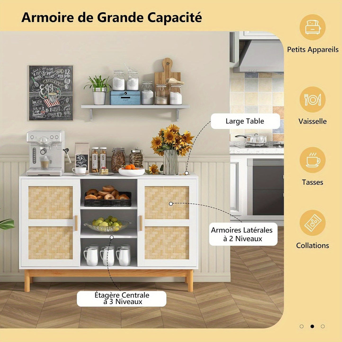 Keukenopbergkast – Dressoir – Buffetkast – Sideboard – Kast – Wit Met Bamboe – 3 Open Planken – 2 Zijdeuren Met Bamboe Vlechtwerk