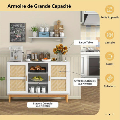 Keukenopbergkast – Dressoir – Buffetkast – Sideboard – Kast – Wit Met Bamboe – 3 Open Planken – 2 Zijdeuren Met Bamboe Vlechtwerk