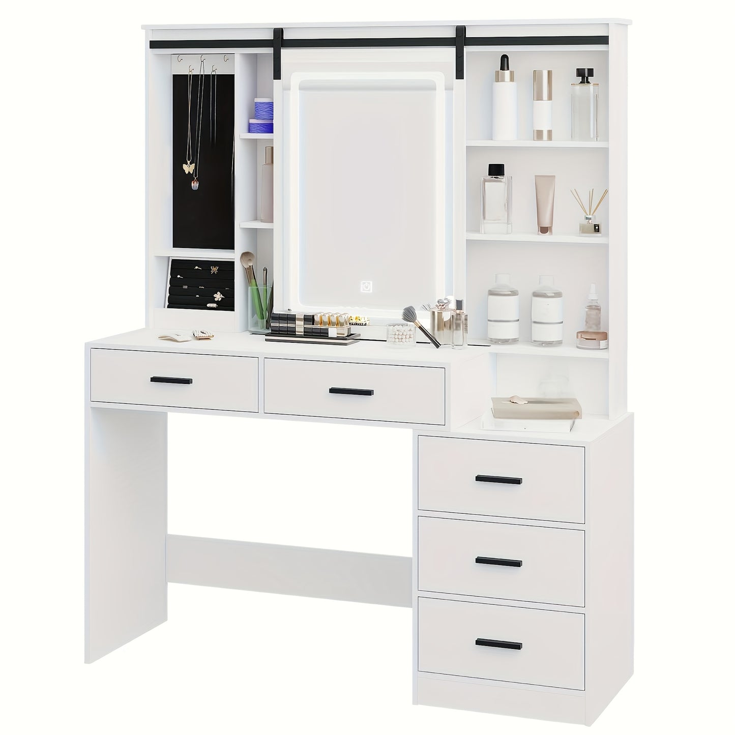 Kaptafel – Make-up Tafel – Vanity – Opmaaktabel – Cosmeticatafel – Verstelbare LED Verlichting – Grote Verplaatsbare Spiegel – Sieradenopslag – 5 Laden – Open Plank – Wit – 120x40x150 cm