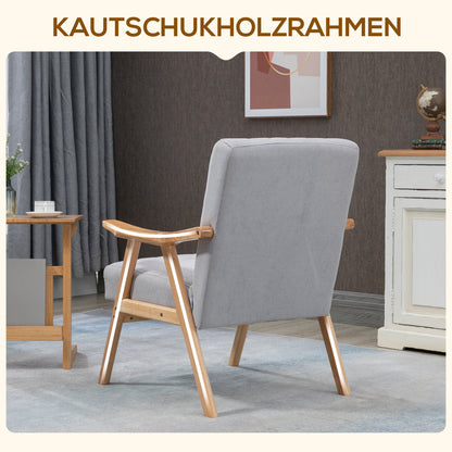 Fauteuil – Zitzetel – Relaxstoel – Loungestoel – Zetel – Scandinavisch Design – Fluwelen Bekleding – Rubberen Houten Onderstel – Lichtgrijs – 68x74x82 cm