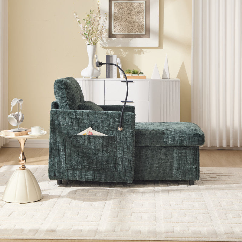 Loungestoel – Relaxstoel – Fauteuil – Leunstoel – Chenille Stoel – Inklapbaar & Ruimtebesparend – Zachte Chenille Bekleding & Telefoonhouder Met Opbergruimte