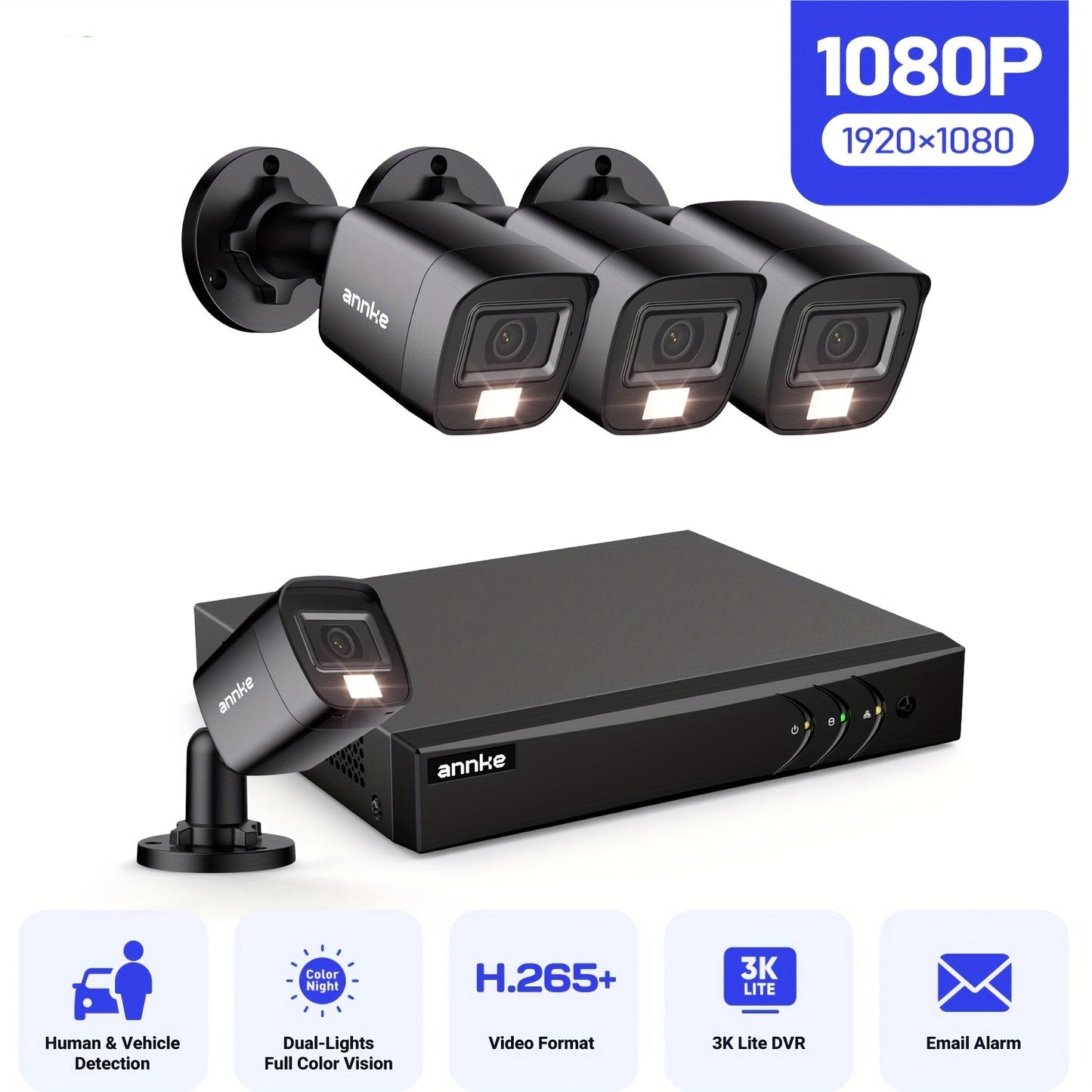Beveiligingscamera Set – Camerabewaking – Beveiligingscamera Buiten – Bewakingscamera – CCTV Systeem – 4x 1080P Full HD Camera’s – AI Mens- en Voertuigdetectie met Nachtzicht 20m