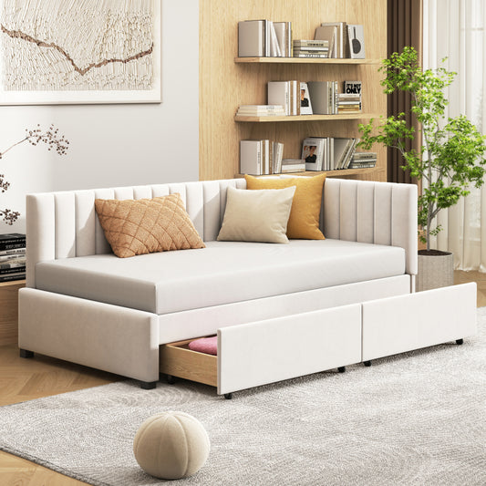 Slaapbank – Bedbank – Logeerbed – Bankbed – Bedbank met Opbergruimte – 90x200 cm – Met 2 Grote Laden en Slatframe – Beige Stoffering – Comfortabele Kussens – Ruimtebesparend Design