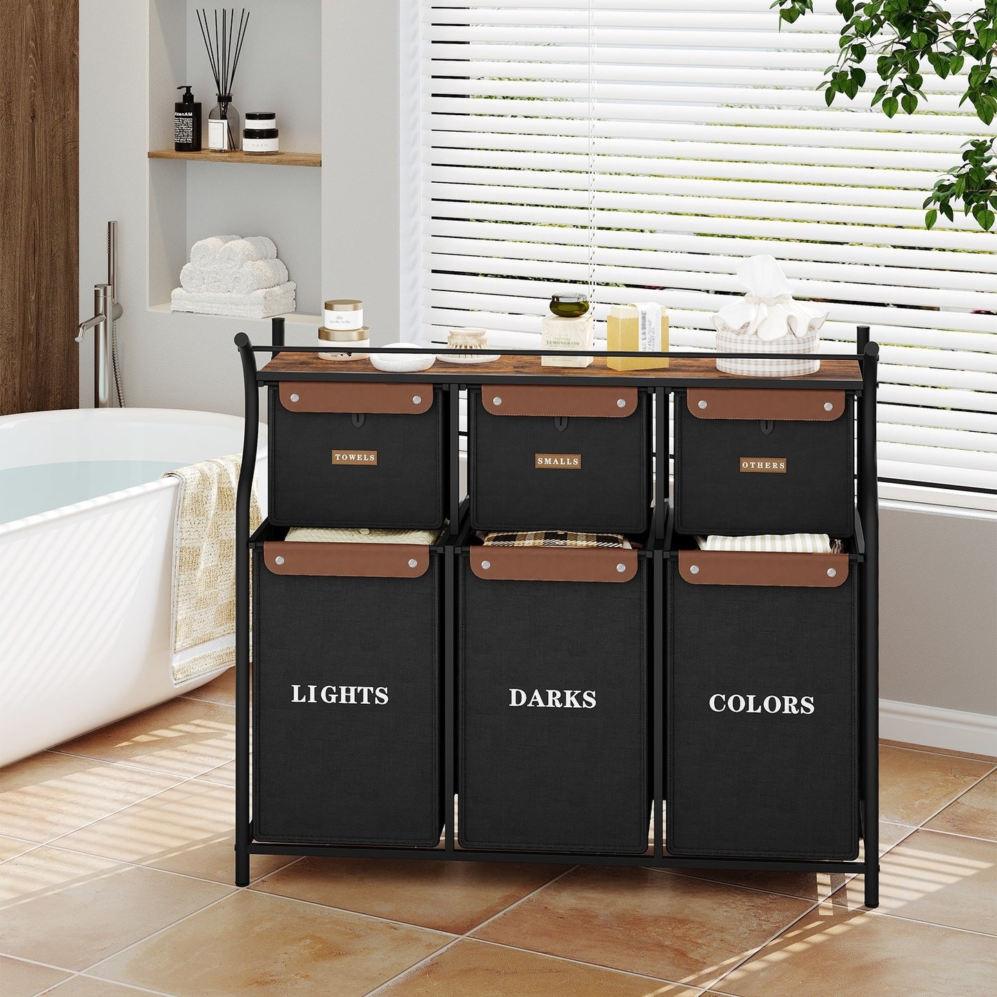 Wasmand – Wassorteerder – Wasbox – Waszak – Opbergmand – 6 Compartimenten Met Labels – 219 Liter Grote Capaciteit – Stevig Metalen Frame