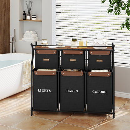 Wasmand – Wassorteerder – Wasbox – Waszak – Opbergmand – 6 Compartimenten Met Labels – 219 Liter Grote Capaciteit – Stevig Metalen Frame