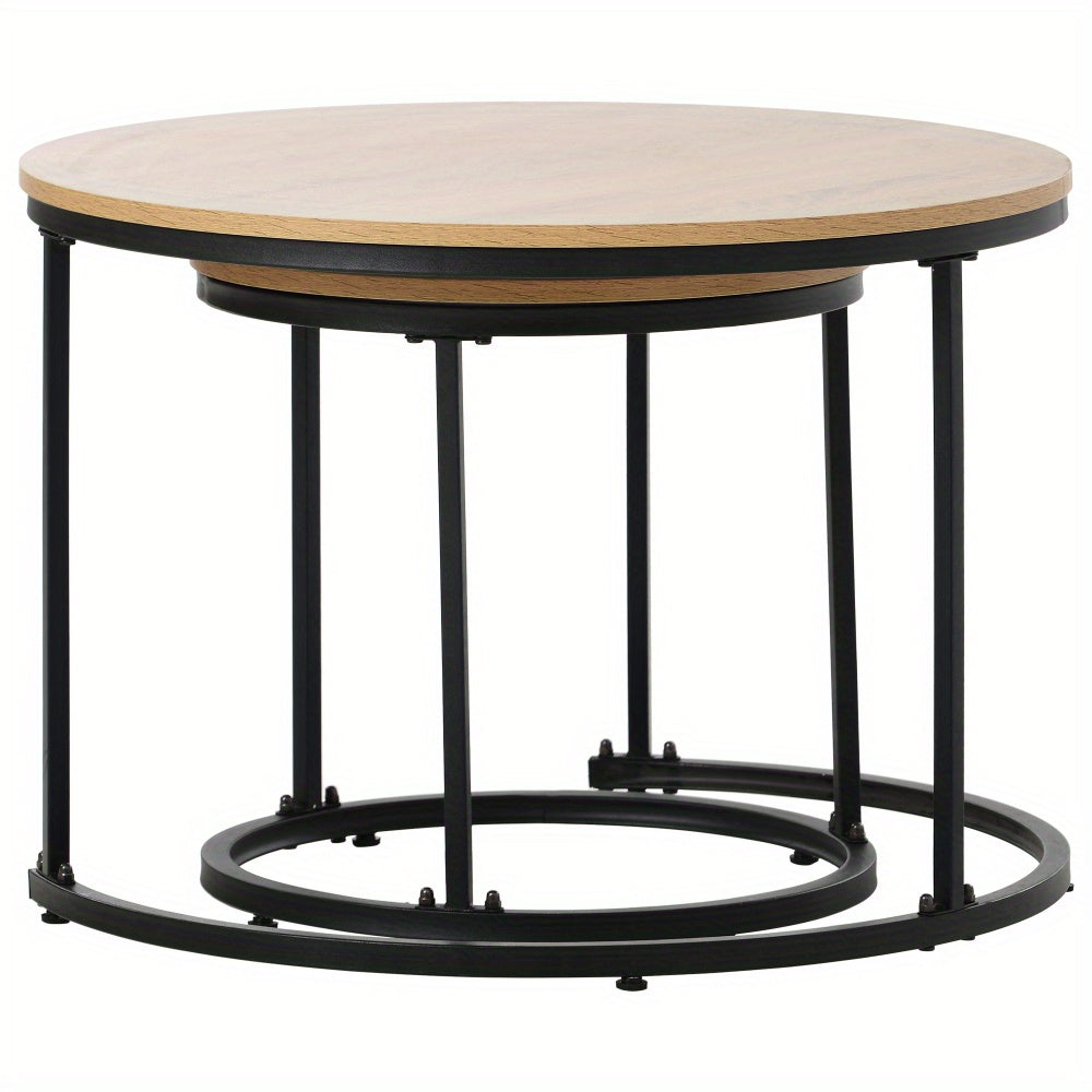Salontafel – Bijzettafel – Koffietafel – Tafeltje – Woonkamertafel – Set van 2 – Nestbaar – MDF Blad – Metaal Frame – Rond – Bruin – Ruimtebesparend – Modern Design