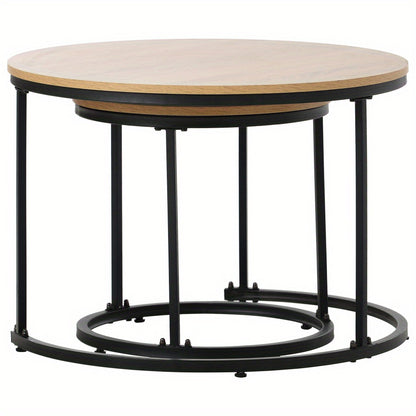 Salontafel – Bijzettafel – Koffietafel – Tafeltje – Woonkamertafel – Set van 2 – Nestbaar – MDF Blad – Metaal Frame – Rond – Bruin – Ruimtebesparend – Modern Design