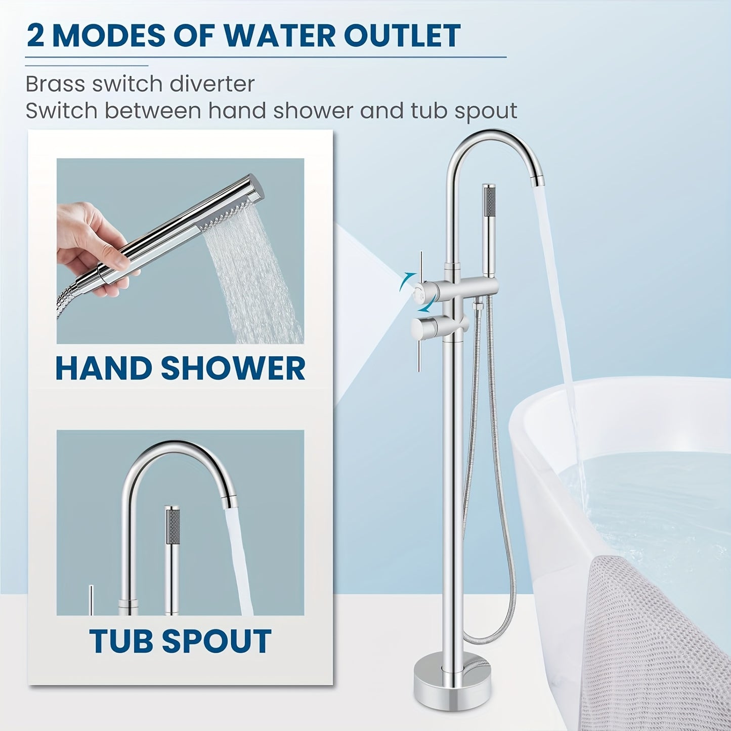 Badkraan – Badmengkraan – Vrijstaande Kraan – Badmengkraan Met Handdouche – Thermostatische Badkraan – Chroom – Messing Materialen – Draaibare Zwanenhals Uitloop