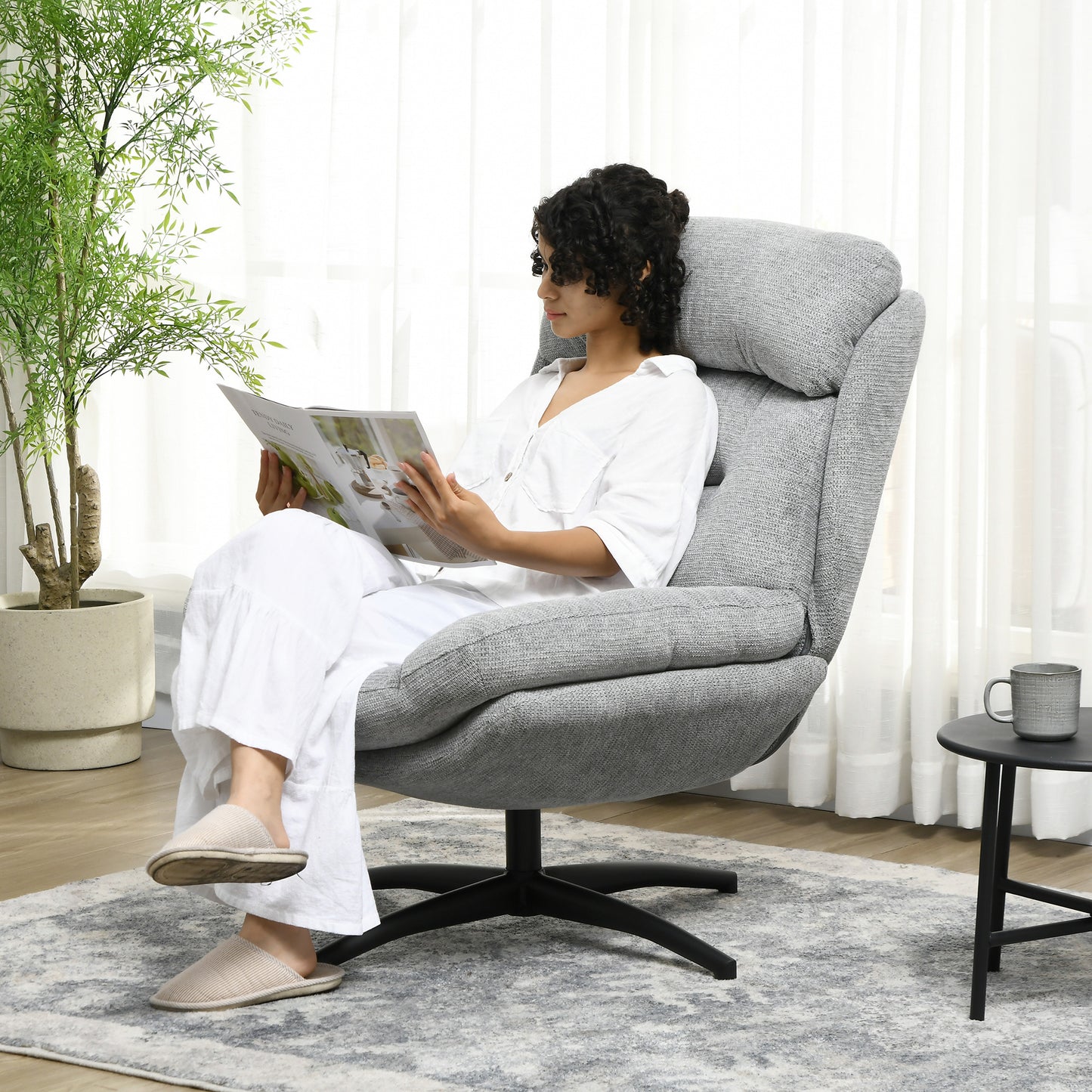 Draaifauteuil – Draaistoel – Relaxstoel – Fauteuil – Stoel – 360 Graden Draaibaar – Chenille Stof Grijs – Met Zwarte Stalen Poten – Geïntegreerde Armleuningen – Ergonomisch Comfort