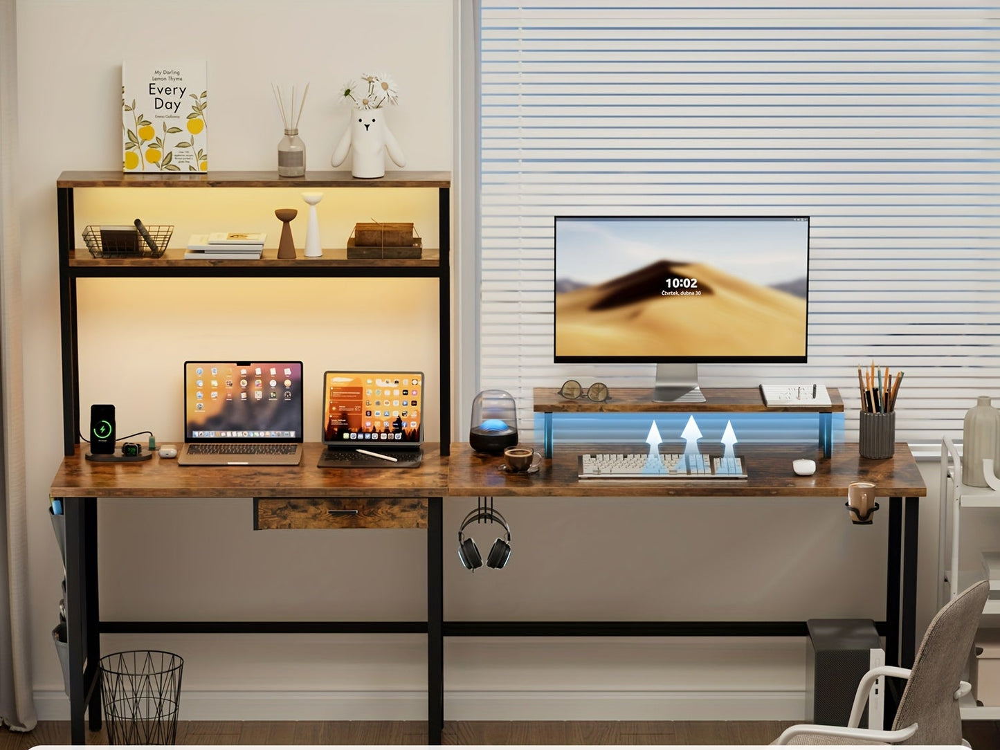 L-vormig Gaming Bureau – Gaming Tafel – Hoekbureau – PC Bureau – Werkplek Bureau – LED-lichtstrip – Ingebouwde Stroomvoorziening – Wit 100x170x74 cm