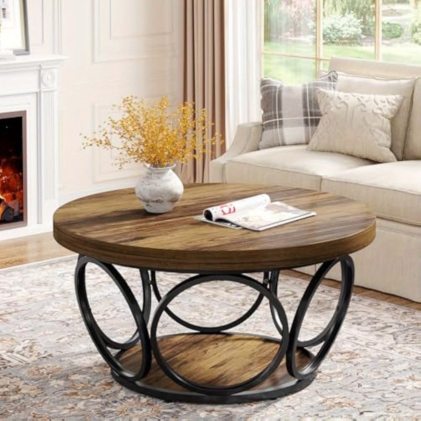BYBLIGHT Industrial Round Coffee Table - 80cm Rustic Brown Wood & Metal Frame, Thickened Engineered Wood Top, Space-Saving Design, Easy Assembly, Contemporary Style for Living Room, Bedroom, Office - Durable & Stylish Furnitu