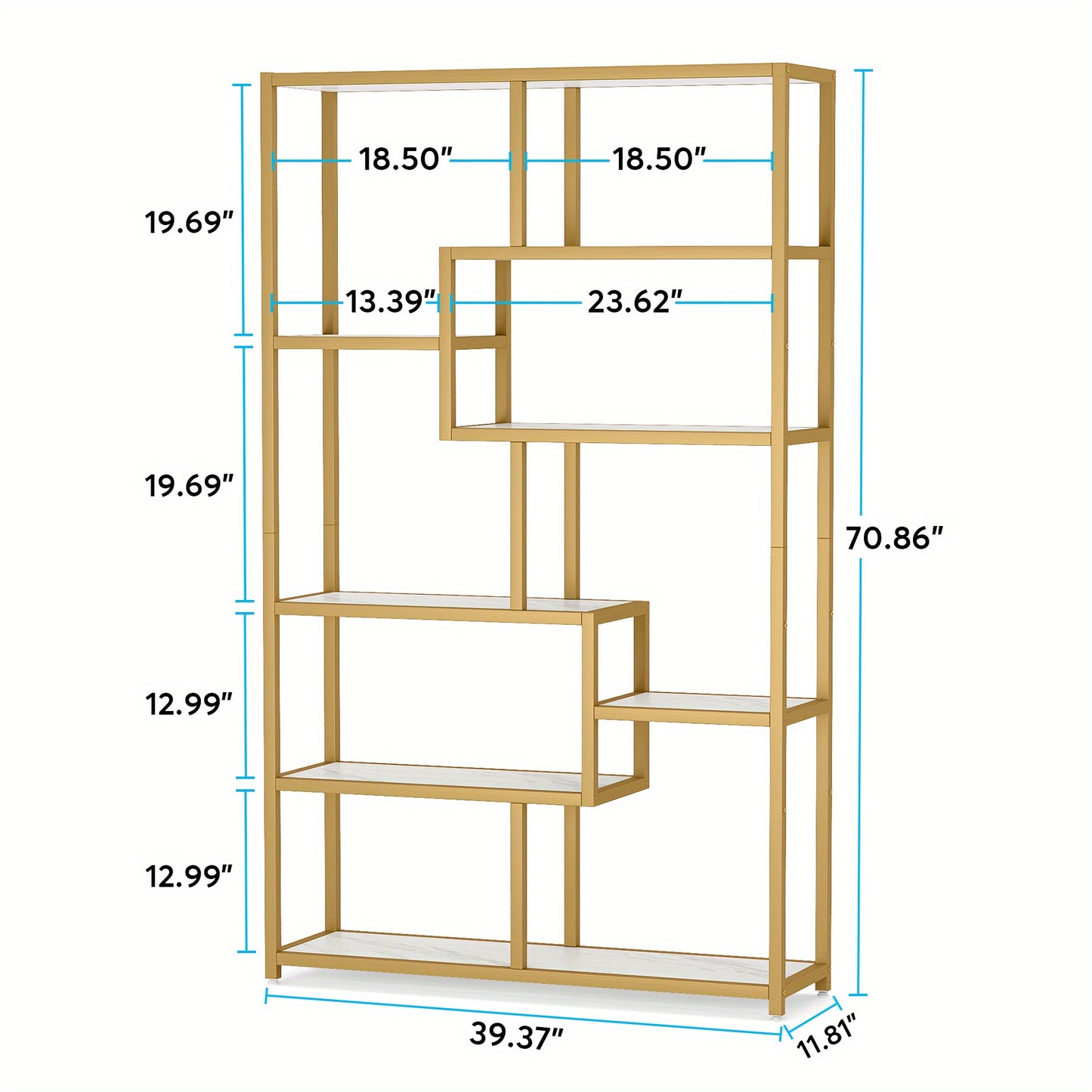 Boekenkast – Boekplank – Openkast – Vakkenkast – Wandrek – Wit Marmer/Goud – 8 Open Planken – Stevig Metalen Frame 180 cm