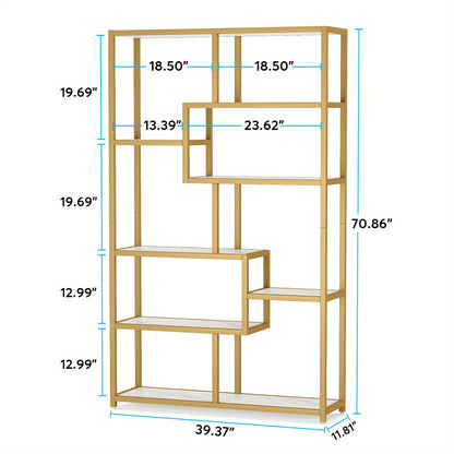 Boekenkast – Boekplank – Openkast – Vakkenkast – Wandrek – Wit Marmer/Goud – 8 Open Planken – Stevig Metalen Frame 180 cm