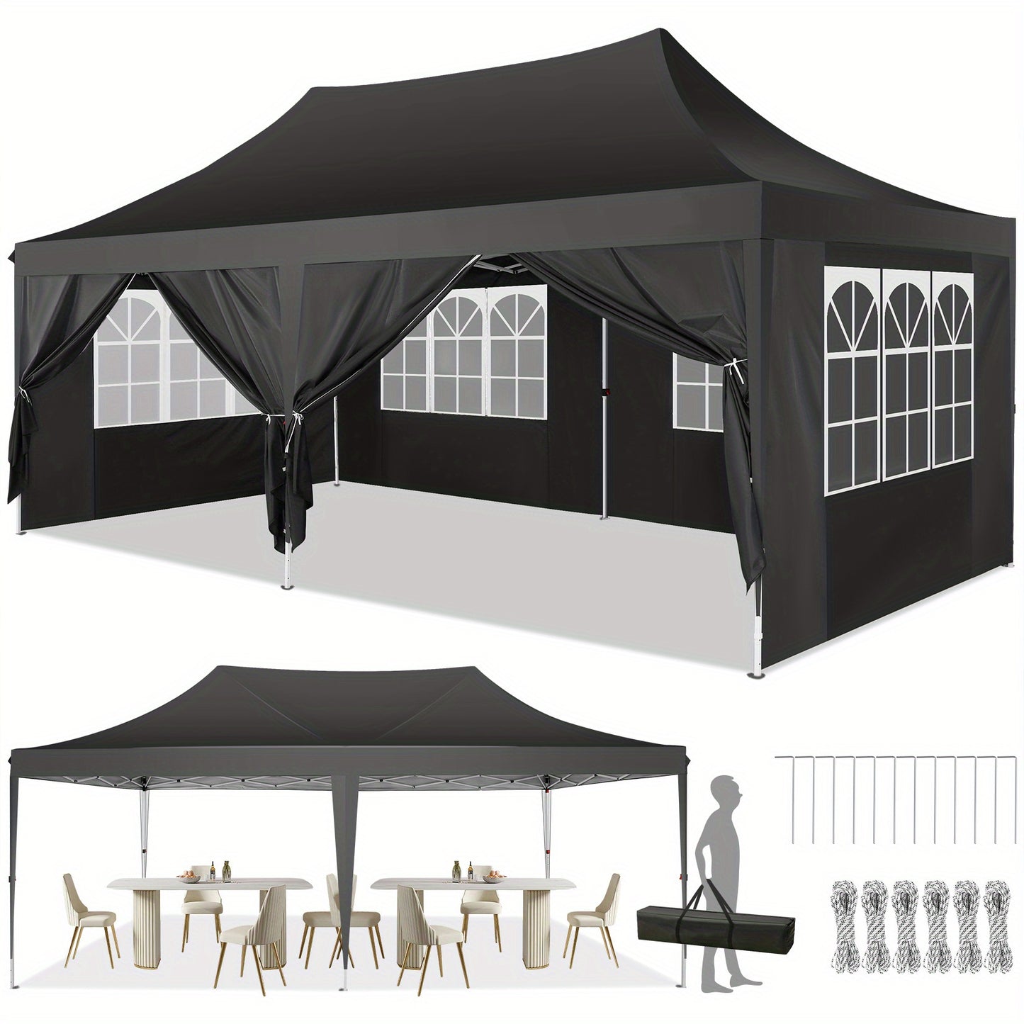 Pop-Up Tent – Partytent – Campingtent – Evenemententent – Vouwtent – 3x6 Meter – 6 Afneembare Zijwanden – Stevige Hexagonale Poten