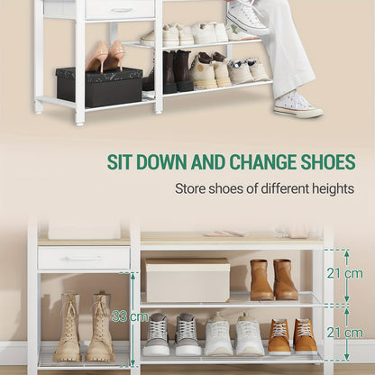 Coat Rack with Bench, Wardrobe with 3-tier Shoe Bench And 1 Drawer, 5-in-1 Clothes Rack with 17 Hooks, 1 Hanging Rod, 4-tier Side Shelves, Golden Oak-white, Coat And Hat Rack, Clothes Hanging Rack, Clothes Rack with Mirror, C
