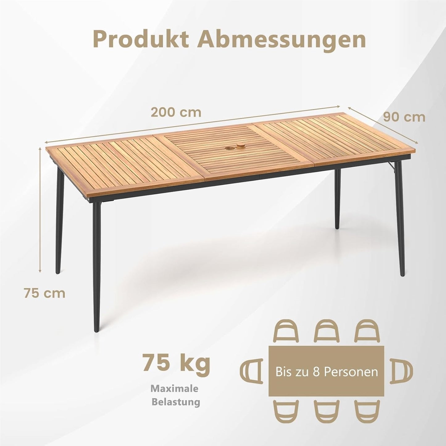 Tuintafel – Terrastafel – Loungeset Tafel – Buiten Tafel – Acaciahouten Tafel – 200 x 90 cm – Met Parasolgat