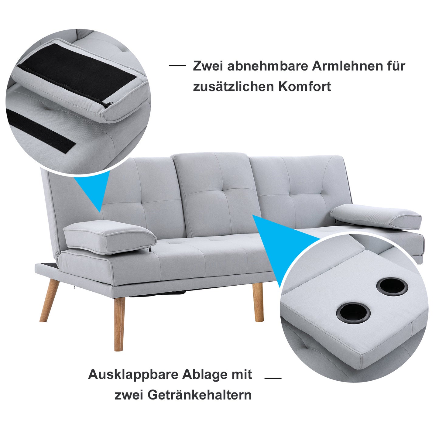 Slaapbank – 3-zitsbank – Bedbank – Uitklapbare Sofa – Stoffen Bank – Multifunctioneel Design – Inklapbaar Tafeltje Met Bekerhouders – Scandinavisch Design – Belastbaar Tot 250 Kg – Lichtgrijs Linnen Look