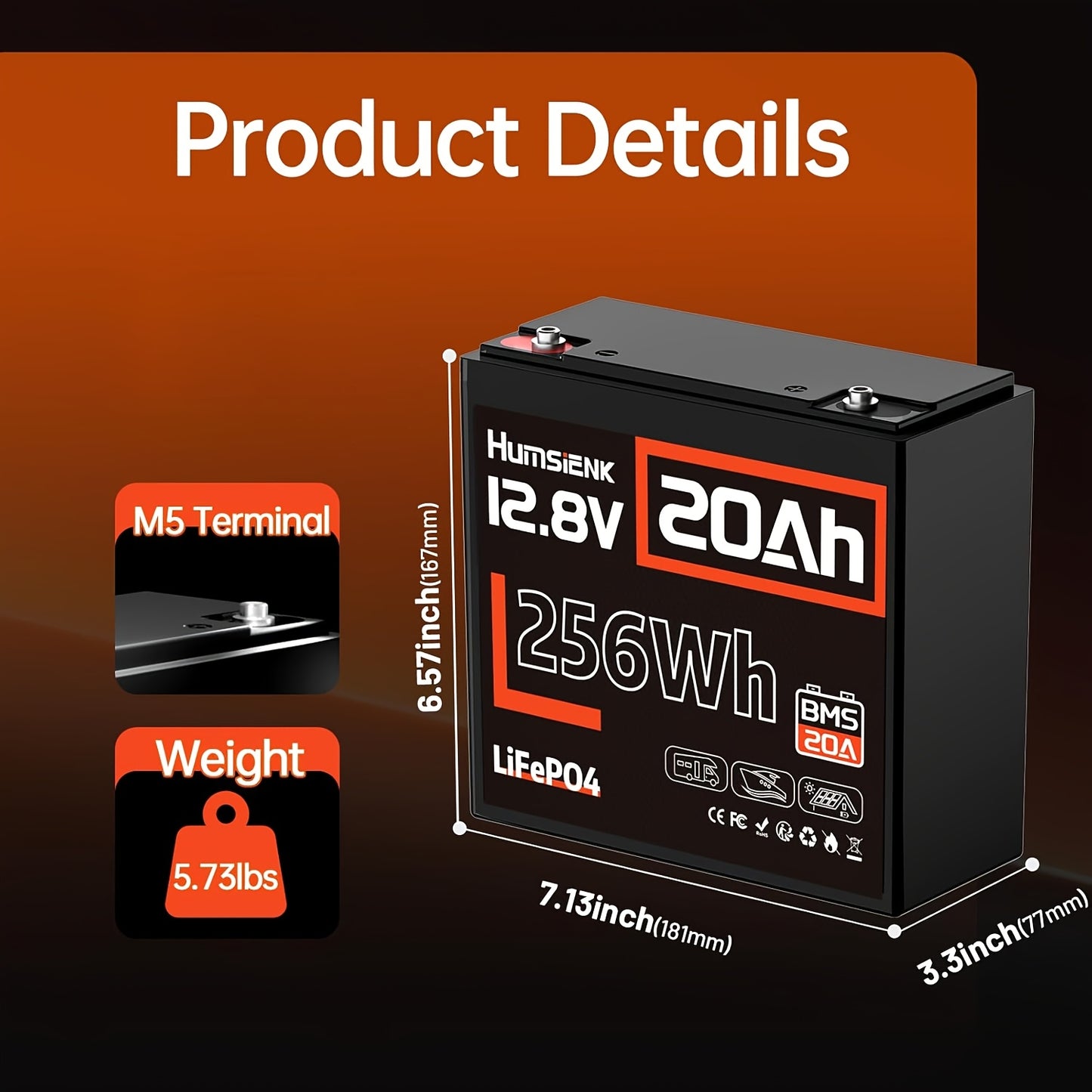 12V 20Ah LiFePO4 Accu – Lithium Accu – Camper Accu – Boot Accu – Solar Accu – Ingebouwde 20A BMS – 15.000+ Laadcycli Levensduur