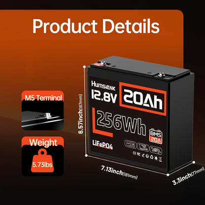 12V 20Ah LiFePO4 Accu – Lithium Accu – Camper Accu – Boot Accu – Solar Accu – Ingebouwde 20A BMS – 15.000+ Laadcycli Levensduur