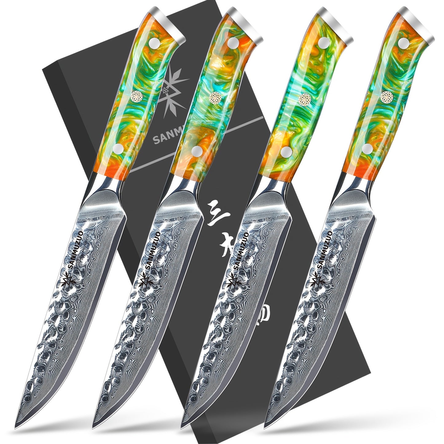 Damascus Steakmessen – Steakmessen Set – Vleesmessen – Keukenmessen – Steakmessen Oranje – Japans VG-10 Staal – 12,7 cm Lemmet