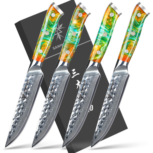 Damascus Steakmessen – Steakmessen Set – Vleesmessen – Keukenmessen – Steakmessen Oranje – Japans VG-10 Staal – 12,7 cm Lemmet