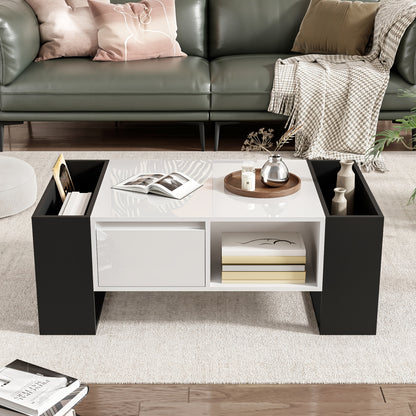Salontafel – Koffietafel – Bijzettafel – Woonkamertafel – Tafel – Zwart-Wit – Hoogglans Afwerking – Hardhouten Opberglade Met 4 Open Vakken