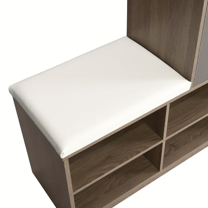 White Shoe Storage Bench & Cabinet with Padded Seat, Adjustable Shelves, and Open Compartment – Multifunctional Hardwood Shoe Organizer for Hallway or Entryway, Contemporary Design, 140cm W x 35cm D x 110cm H, Entryway Furn