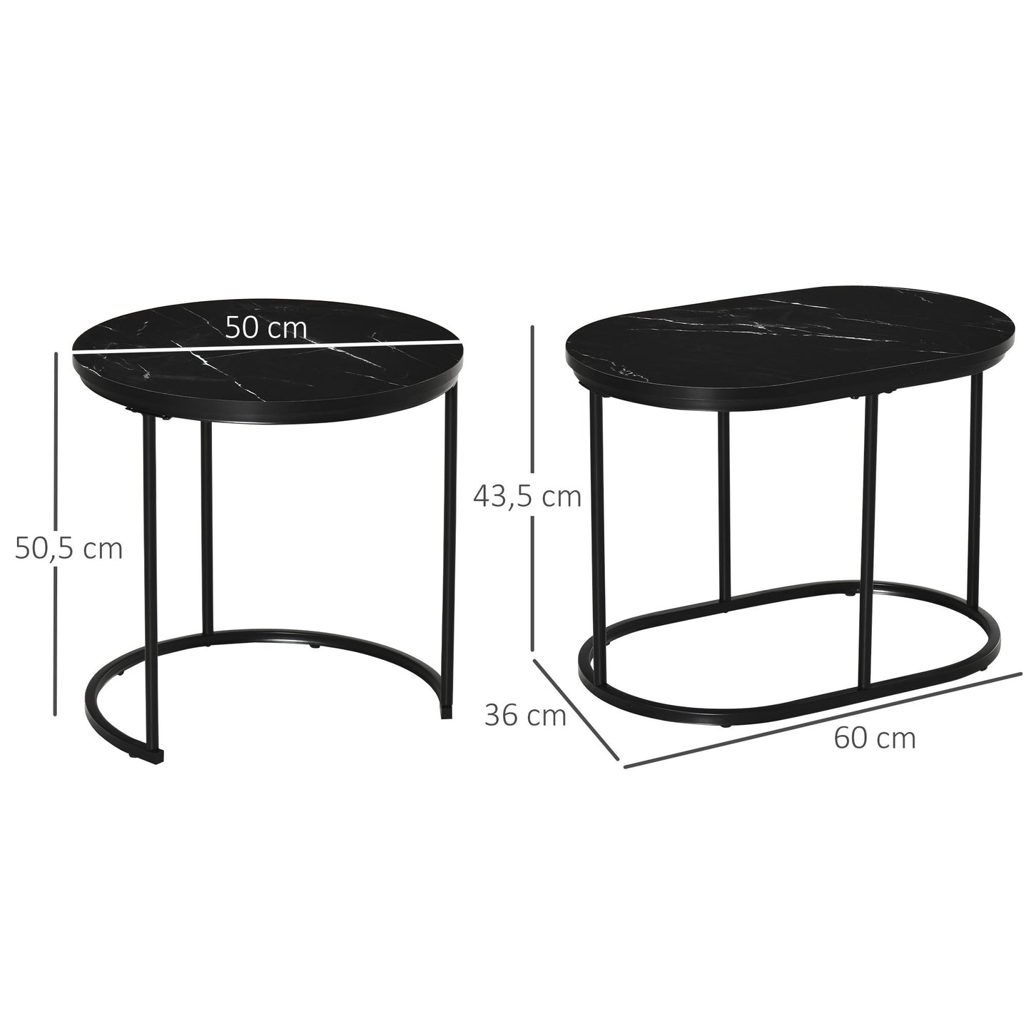 Koffietafel – Bijzettafel – Salontafel – Tafelset – Set Van 2 – Marmerlook – Metalen Onderstel – Ø50 x 50,5 cm – Zwart – Stapelbaar – Modern Design