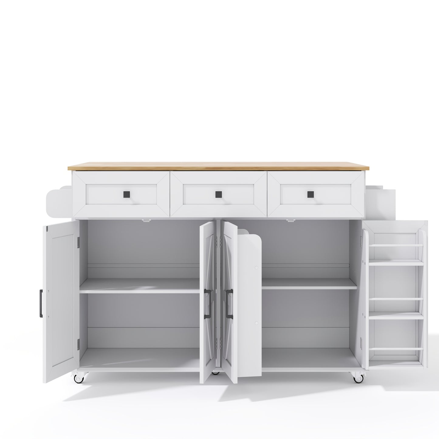 White Modern Farmhouse Kitchen Island with Fold-Down Worktop, 5 Lockable Casters, 4 Doors, 3 Drawers, Door Shelf & Double-Sided Towel Rack - Heavy-Duty Mobile Storage Cabinet with Spacious Work Surface, Barn-Style Design, Whi