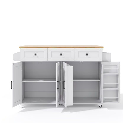 White Modern Farmhouse Kitchen Island with Fold-Down Worktop, 5 Lockable Casters, 4 Doors, 3 Drawers, Door Shelf & Double-Sided Towel Rack - Heavy-Duty Mobile Storage Cabinet with Spacious Work Surface, Barn-Style Design, Whi
