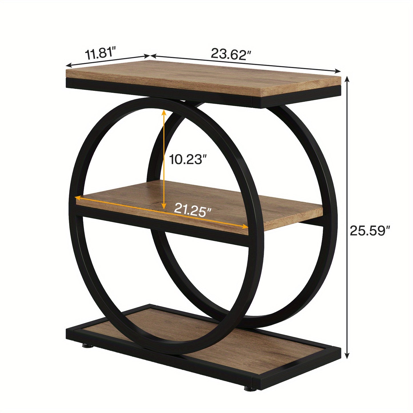 Industrieel Modern 3-Lagen Bijzettafel – Nachtkastje – Opbergbuffet – Sofa Tafel – Smalle Opbergtoren – Stevig Zwart Metaal Frame – Houtnerf Eiken Afwerking