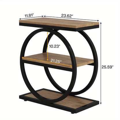 Industrieel Modern 3-Lagen Bijzettafel – Nachtkastje – Opbergbuffet – Sofa Tafel – Smalle Opbergtoren – Stevig Zwart Metaal Frame – Houtnerf Eiken Afwerking