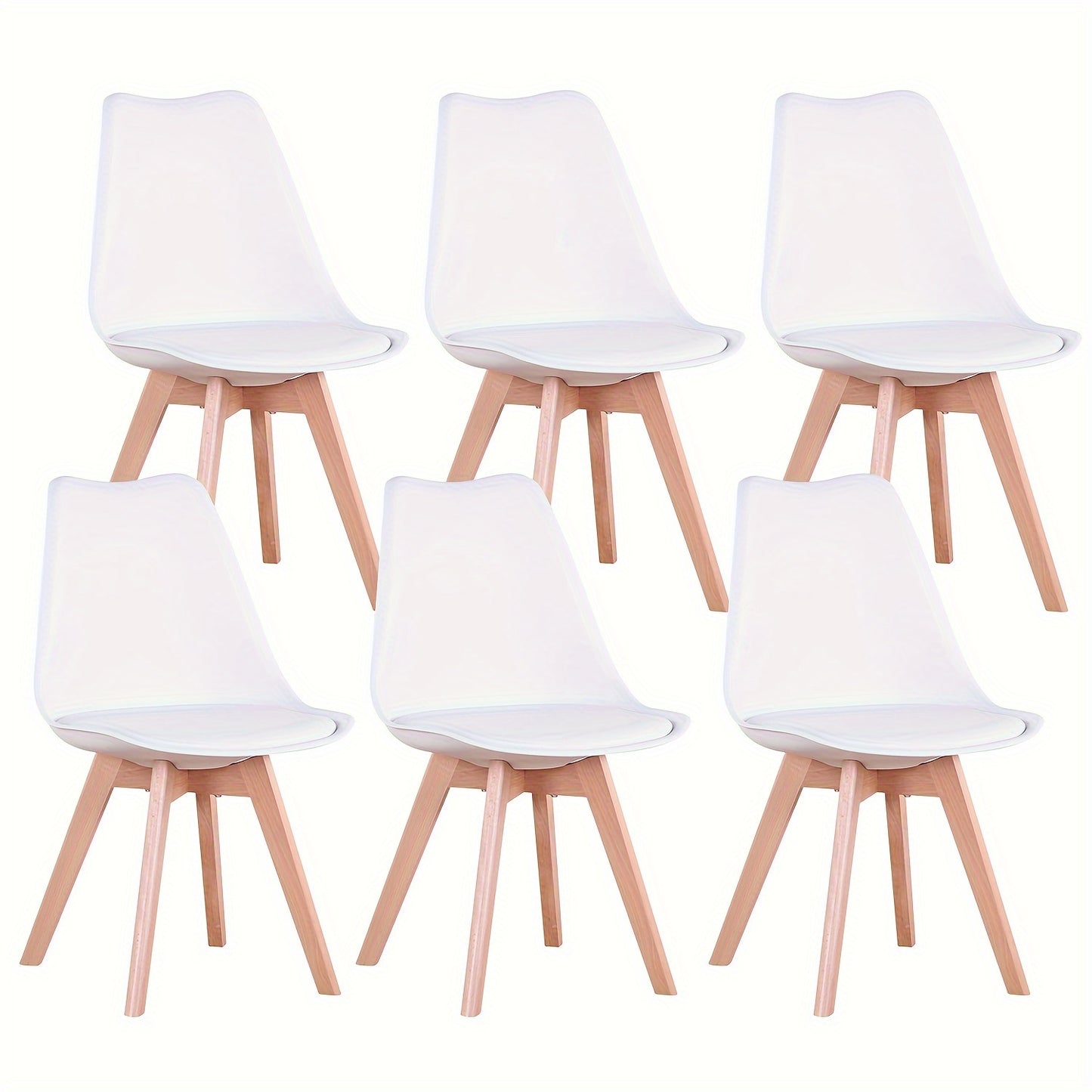 Eetkamerstoel – Stoel – Kuipstoel – Keukenstoel – Eettafelstoel – Set van 6 – Wit PU-leer – Massief Houten Poten – Ergonomisch Schuimkussen – Duurzaam Kunststof Frame – Gemakkelijk Schoon te Maken