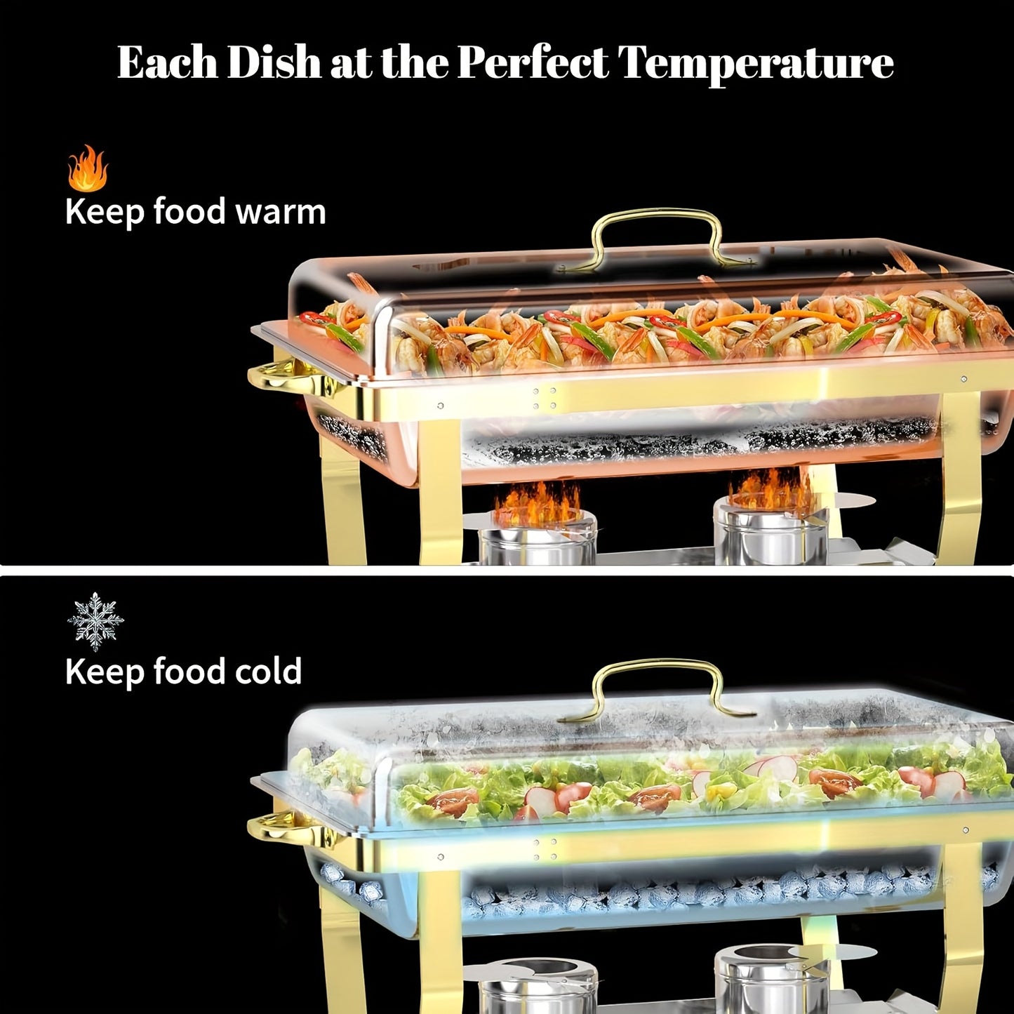 Chafing Dish Set – Warmhoudpan – Buffetpan – Serveerschotel – Au Bain-Marie – 4-Delige Set Goud – RVS 201 Roestvrij Staal – 9 Liter Inhoud – Geen Stroom Nodig – Elegant Stackbaar Design