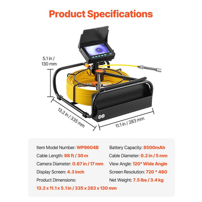 Rioolcamera – Inspectiecamera – Endoscoop – Leidingcamera – Buisinspectiecamera – 30m Semi-Rigide Kabel – 4,3 Inch LCD Scherm