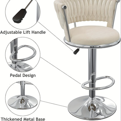 Set van 2 Barstoelen met Gevlochten Rugleuning – Velvet Keukenkrukken, Hoog, Verstelbaar en Draaibaar – Zilverkleurige Barkrukken voor Keuken of Bar