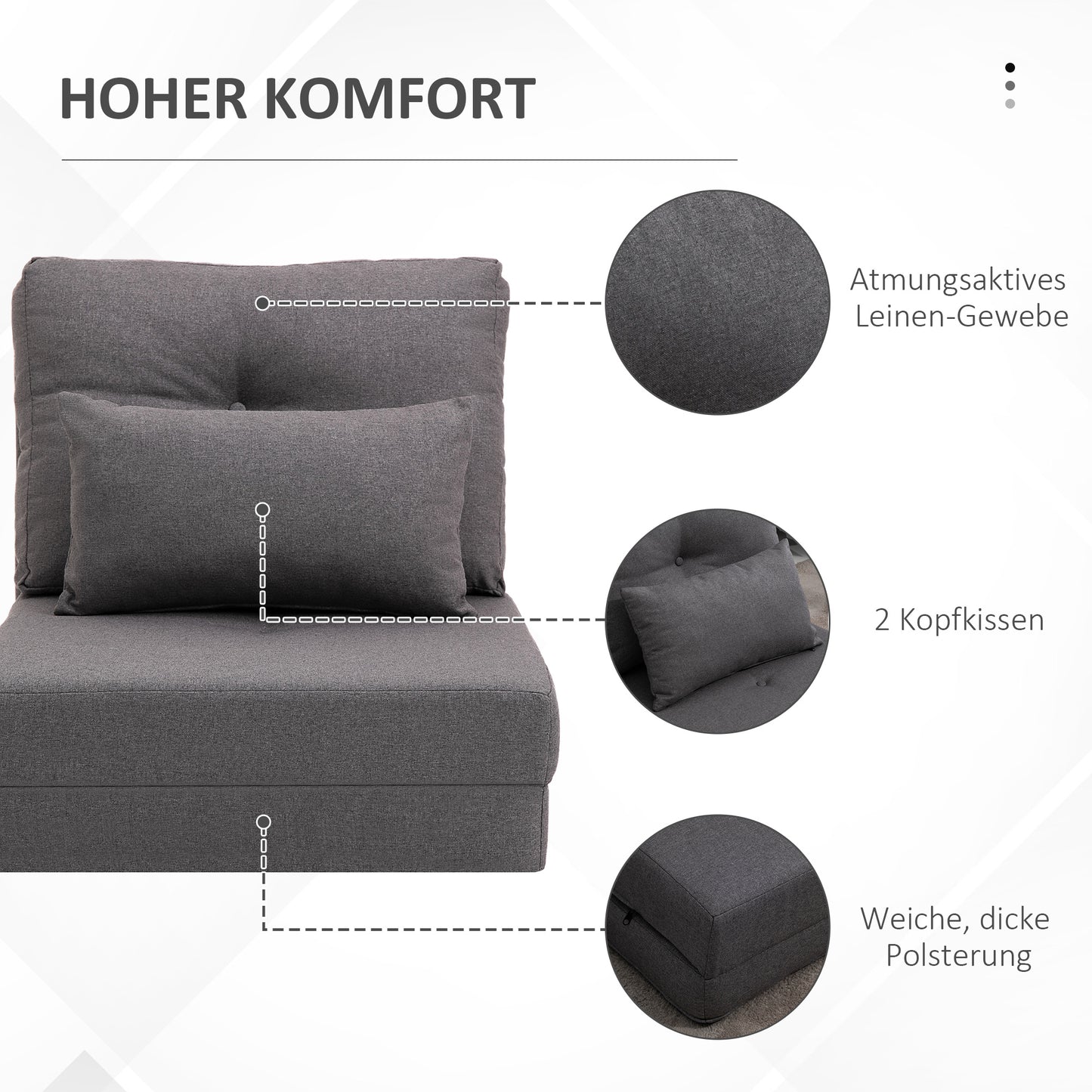 Vloersofa – Vloerstoel – Slaapbank – Relaxstoel – Loungefauteuil – 2-in-1 Opvouwbaar Bed – Verstelbare Rugleuning – Linnen Bekleding – Donkergrijs