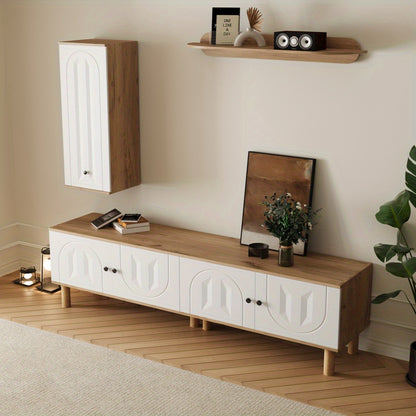 Tv-meubel – TV-kast – TV-dressoir – Wandmeubel – Media meubel – 3-delige set – Wit met beige houtlook – Opbergruimte met reliëfdeuren