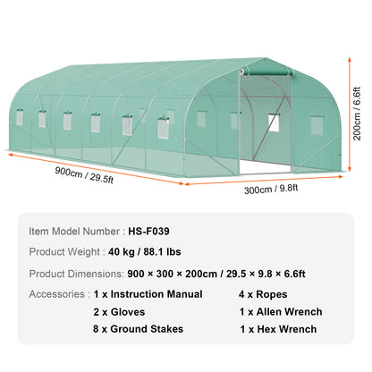 Kweektunnel – Groeikas – Tuintunnel – Plantentunnel – Tunnelkas – Verzinkt Stalen Frame – PE Folie 9 x 3 x 2 Meter – Walk-in Design