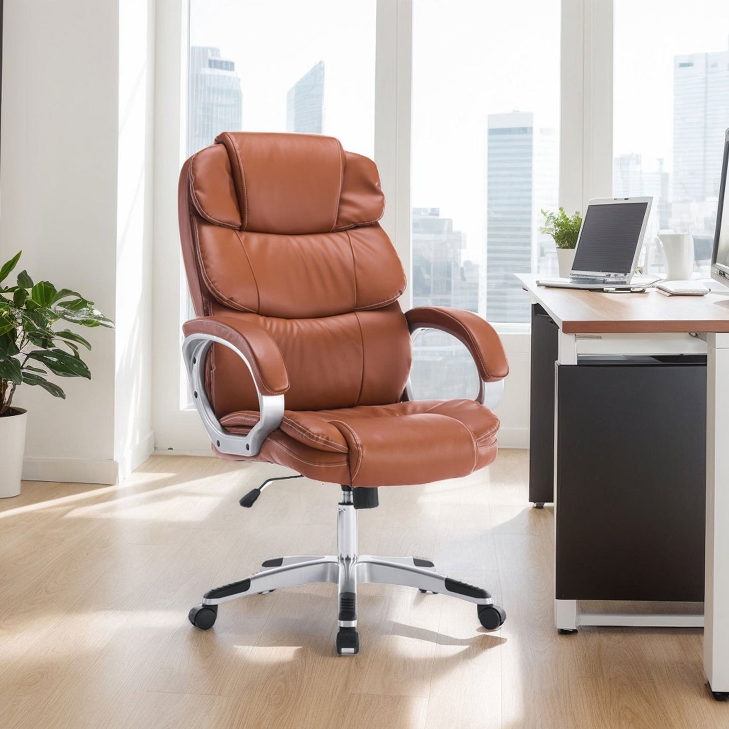 Ergonomische Bureaustoel – Lederen Bureaustoel – Comfortabele Stoel – Bureaustoel – Werkstoel – Zwart – Metalen Frame – Verstelbare Rugleuning & Voetensteun
