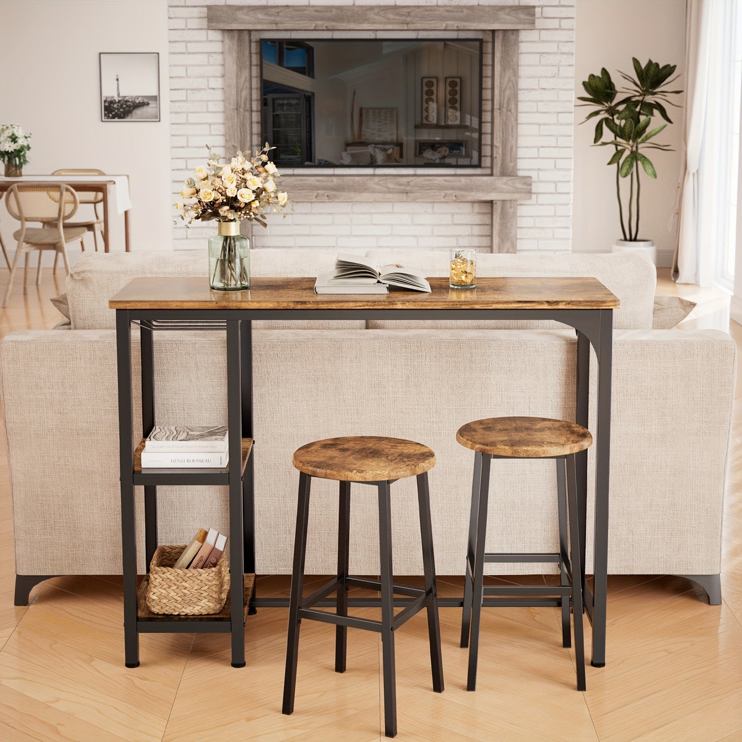 Barset – Barkrukken – Bartafel – Barmeubel – Bistroset – Industrieel Design – Houten Tafelblad – Zwart Gietijzeren Frame