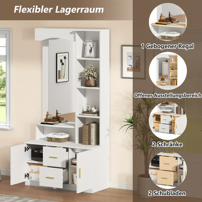 Multifunctional Entryway Cabinet with Storage Space, Shoe Cabinet, and Mirror | 2 Drawers and 2 Cabinets, Drawer Unit with Shelves, White, Floor Mount, Classic Style