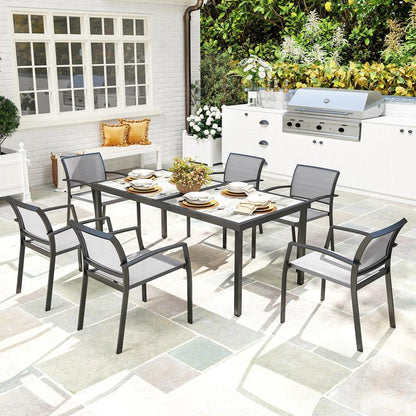 7-Teiliges Ess-Set, 6 Stühle, 1 Tisch, Stapelbar, Leicht Zu Reinigen, Stahlrahmen, Gartenmöbel-Set, Grau, Garten-Bistro-Esstisch Und Stühle, Langlebig Und Leicht Zu Reinigen