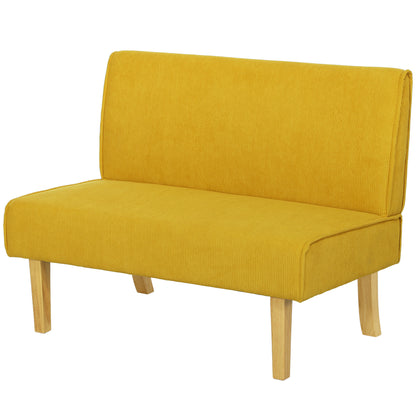 2-zits bank – tweezitsbank – loveseat – zitbank – bankje – gele corduroy bekleding – dikke vulling – massief houten poten
