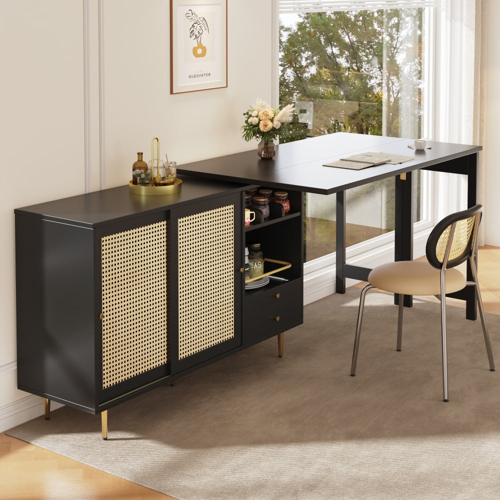 Modern Black Metal Storage Island with 360° Rotating Tabletop, Extendable Design, Wicker Doors & Open Shelves - 107 x 40 x 71.4cm, Perfect for Kitchen and Dining Room Organization, Kitchen Storage Solution | Sleek Metallic F