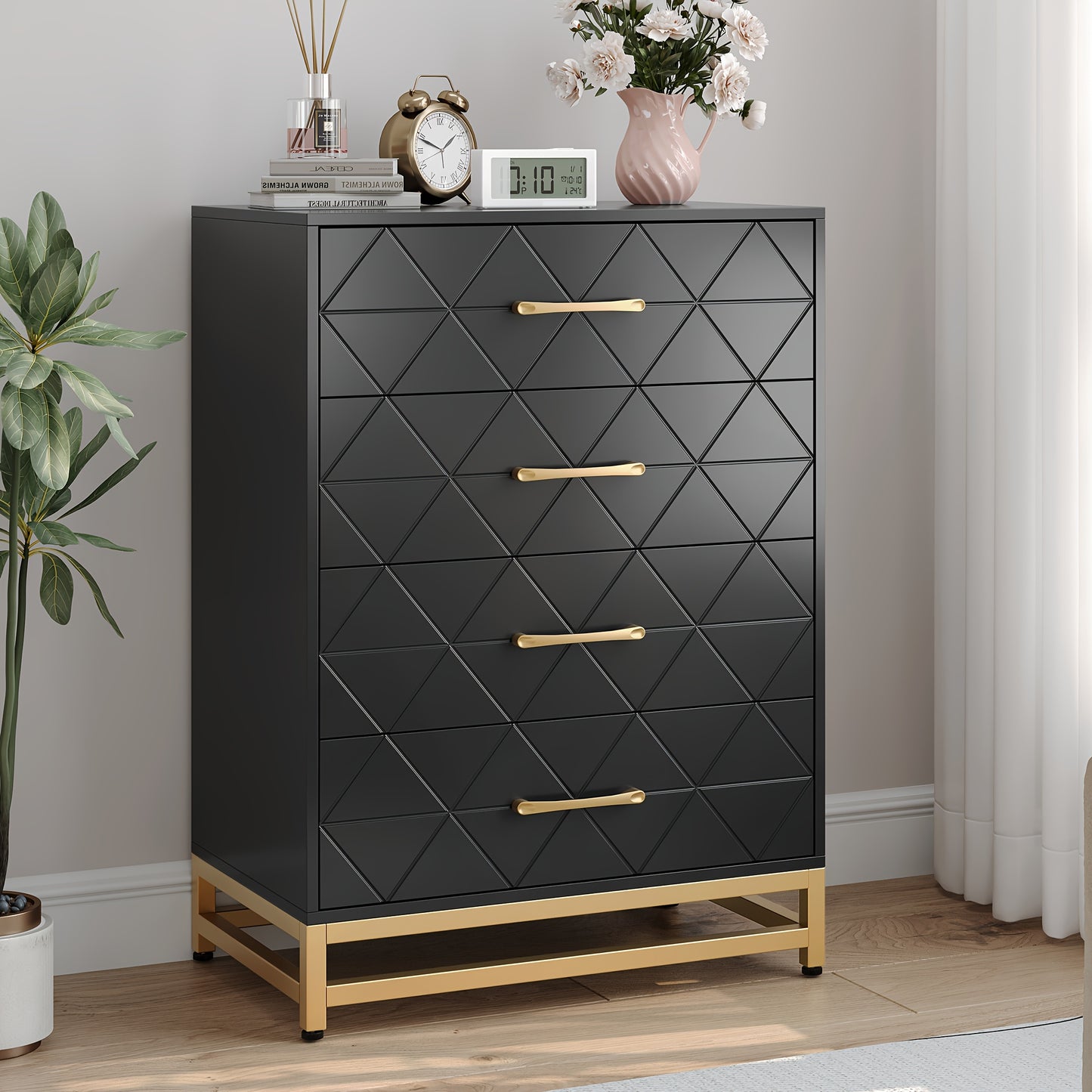 Ladekast – Nachtkastje – Kledingkast – Opbergkast – Kast Zwart – 4 Lades – Massief Hout & Metaal – Compact Hoogte Minder Dan 68,5 cm