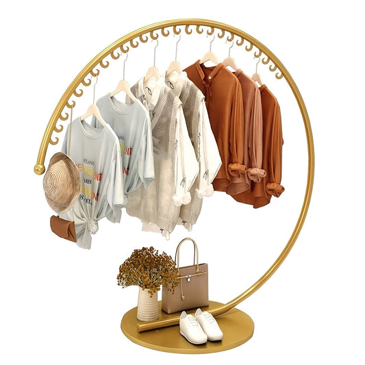Round Gold-Colored Clothes Hanger | Sturdy C-Shaped Clothes Rack with 26 Hooks, Fashion Clothing Store Display Rack, Bedroom Valet Stand, Freestanding Metal Structure